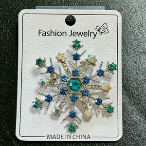 Snowflake Brooch Silver Tone Blue and Clear Crystals New